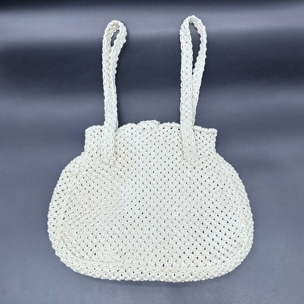 Vintage Purse Shoulder Bag Cream Off White Handmade Crocheted Boho Nautical - Picture 3 of 12